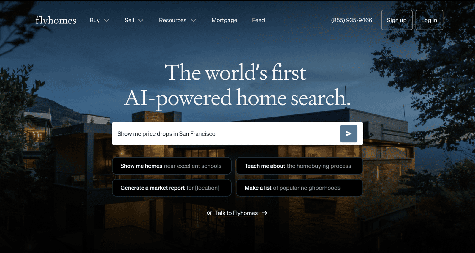 Flyhomes AI search homepage showing a natural-language home search experience