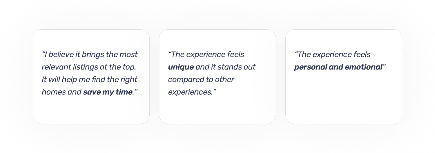 Positive participant feedback from final testing of the Flyhomes AI search experience